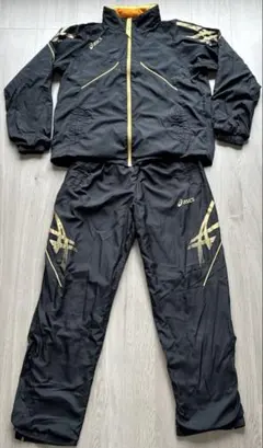 アシックス ウインドブレーカー 上下セット Lサイズ ブラック×ゴールド