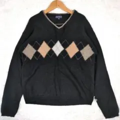 90's　紺タグ【希少L】オールドユニクロ　ニットセーター　Vネック　アーガイル