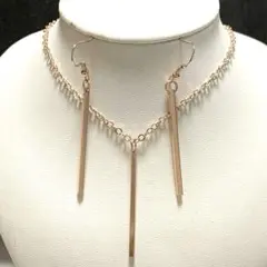 N079 ピンクゴールド ローズゴールド 棒 ロングネックレス ピアス セット