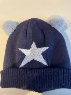 ネイビー 星モチーフ 耳付きベビー帽子 フリーサイズ