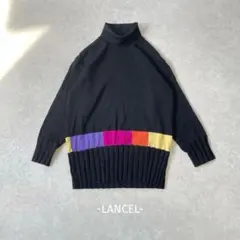 LANCEL/タートルネックニット/M/黒/配色/毛100%/綺麗め/お洒落