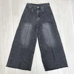 ワイドデニムパンツ フレアデニム　ブラック カットオフ フリンジ　Lサイズ