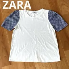 ZARA woman Sサイズ　半袖Tシャツ　ギンガムチェック　ネイビー　綿のサムネイル