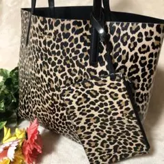 極美品　ケイトスペード　トートバッグ　リバーシブル　ポーチ付き　レオパード柄　黒