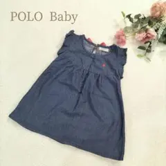 【ポロ ベビー】 デニムフリル袖ワンピース 女の子 サイズ90 リボン付き