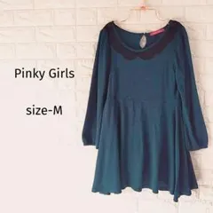 300円〜Pinky Girls　大人ガーリーなドット柄フレアワンピース深緑　М