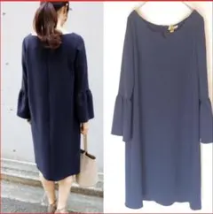 【極美品 クリーニング済】IENA フリル 袖長袖 ワンピース 38 ネイビー