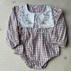 ブラウンチェック刺繍襟ロンパース