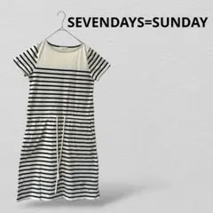 セブンデイズサンデイ 半袖ボーダー ひざ丈ワンピース　綿混　モノトーン