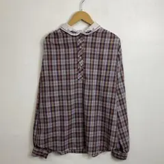 70s ハーフボタン シャツ 刺繍 チェック 丸襟 VINTAGE チロル