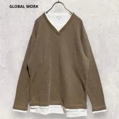 グローバルワーク ニット カットソー 重ね着風 長袖 M ブラウン系