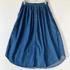 デニムスカート シャツ風デザイン ウエストゴム ひざ下丈 薄手