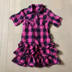 140cm・半袖・ワンピース・シャツワンピース・フリル・チェック・ピンク