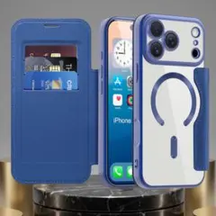 iPhone17ProMaxケース手帳型ネイビーブルーMagSafe対応