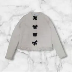 極美品 ZARA カットオフ仕上げ リボン付き ニットジャケット 白 ボア