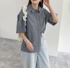 FR刺繍ハーフスリーブタックシャツ　ネイビーのサムネイル