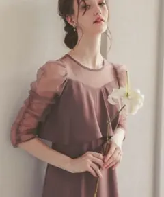 ギャザースリーブIラインドレス結婚式お呼ばれワンピースオケージョンドレス　ピンク