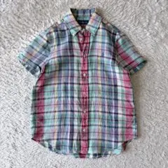 美品 ラルフローレン リネン100% マドラスチェック BDシャツ Mサイズ