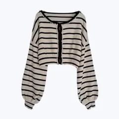 エムズエキサイト パール付きボーダーショートカーディガン ブラック×アイボリー