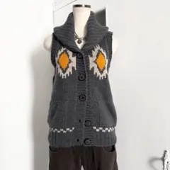 カウチンニットベスト オルテガ ダイヤ柄 インディアン y2kボーホーボヘミアン