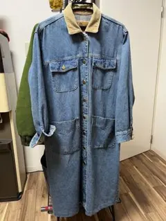 コーデュロイ襟付き　デニムジャケット　ロングコート　S〜Mサイズ