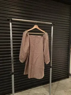 ZARA チェック柄 長袖 ひざ丈ワンピース