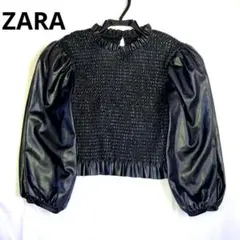 美品】ZARA ブラウス フリル ペプラム パフスリーブ シャギー ブラック 