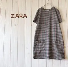 ＊ZARAザラ＊半袖ミニワンピース チュニック Mガンクラブチェックブラウン系