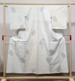 A◆着物くつろぎ 単衣 四角模様 白色 ドット 紬 正絹 小紋 着物