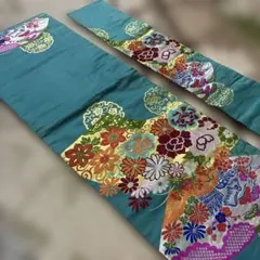 青緑色 花柄刺繍 袋帯
