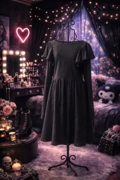 新品タグ付 ダークグレー 長袖フリルニットワンピース 大きいサイズ3L 管A10