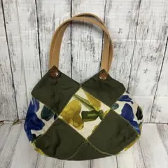 ハンドメイド パッチワーク風 トートバッグ｜カーキ×ブルー×イエロー 丸底