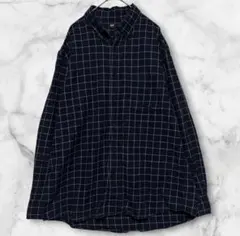 UNIQLO フランネルチェックシャツ 長袖 ボタンダウン紺×白 XL ゆるだぼ
