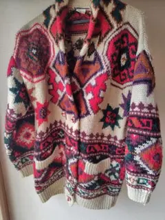 多色　幾何学模様　ウールカーディガン