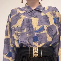 ブロック アート柄 パープル ベージュ系 古着 総柄シャツ 長袖 ユニセックスのサムネイル