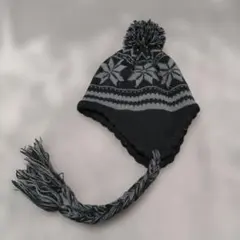 キッズ ニット帽 雪の結晶模様 黒とグレー