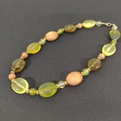 美品 ビーズ ネックレス イエロー オリーブ ブラウン 大玉 夏 ヴィンテージ