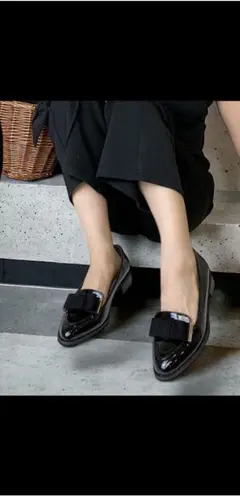 リボン付き黒ローファー風パンプス Mサイズ