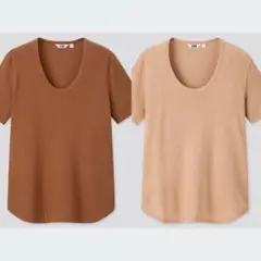 ユニクロU リブラウンドネックT（半袖） ブラウン ベージュ 2枚セット