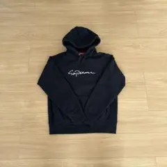 美品 Supreme 筆記体 刺繍ロゴ フーディー ネイビー Sサイズ 希少デザイン】SUPREME シュプリーム ビジュー 筆記体ロゴ パーカー