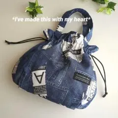 最終SALEꕤ︎︎デニムプリントと英字 巾着バッグ Handmade