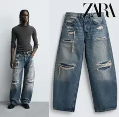 【完売品】ZARA ダメージ加工バルーンフィットデニムパンツ　バギー　32インチ