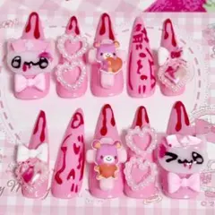 ネイルチップ 平成女児 地雷系 量産型 血みどろピンク ねこ