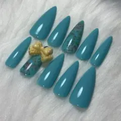 【現品】ネイルチップ ローズ柄 リボン ターコイズブルー ギャル