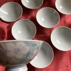花柄 緑色 飯碗と小皿セット