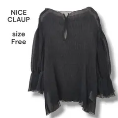 【洗える】NICE CLAUP　フレアスリーブシアーブラウス　ブラック　古着