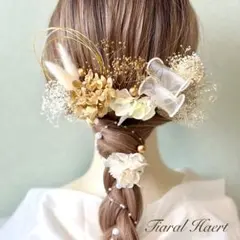 髪飾り 結婚式 成人式 白 リボンアレンジ ドライフラワー 振袖 金箔のサムネイル
