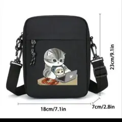 モフサンド猫イラスト付きショルダーバッグ ブラック 23cm　スマホショルダー
