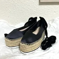 ZARA ウェッジソールサンダル　リボン編み上げ　黒　25センチ相当(40)