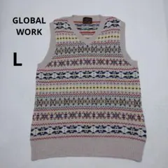 GLOBAL WORK Vネック メンズニットベスト Lサイズ ウール